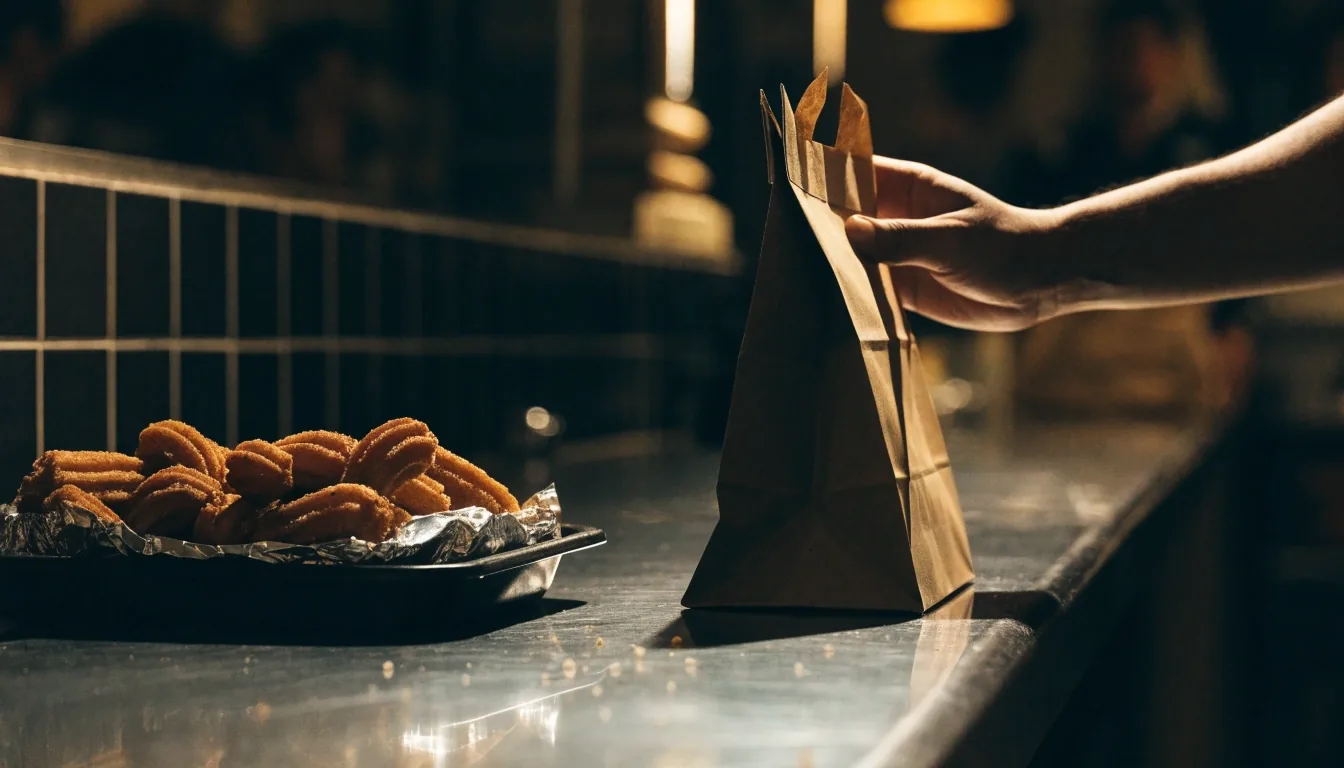 A hand pushing a folded takeaway bag across the counter under a warm night key light