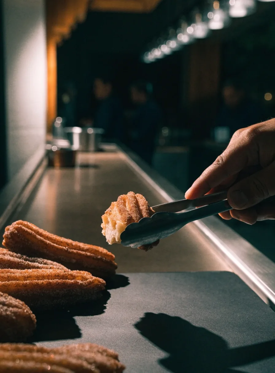 Churros on a dark matte board at the counter, lit by one hard side light