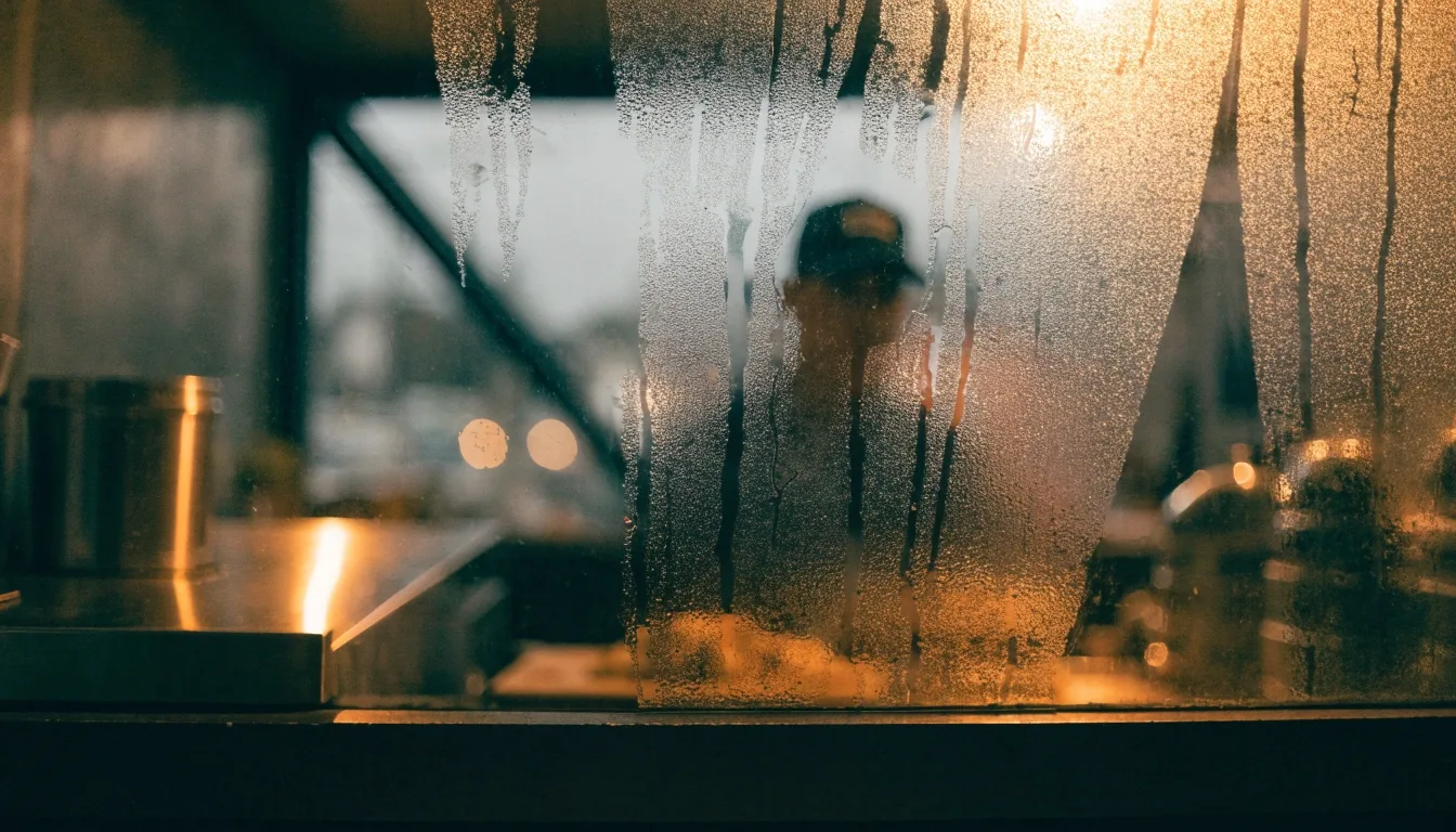 Condensation on the restaurant window at night, street glow blurred beyond the glass