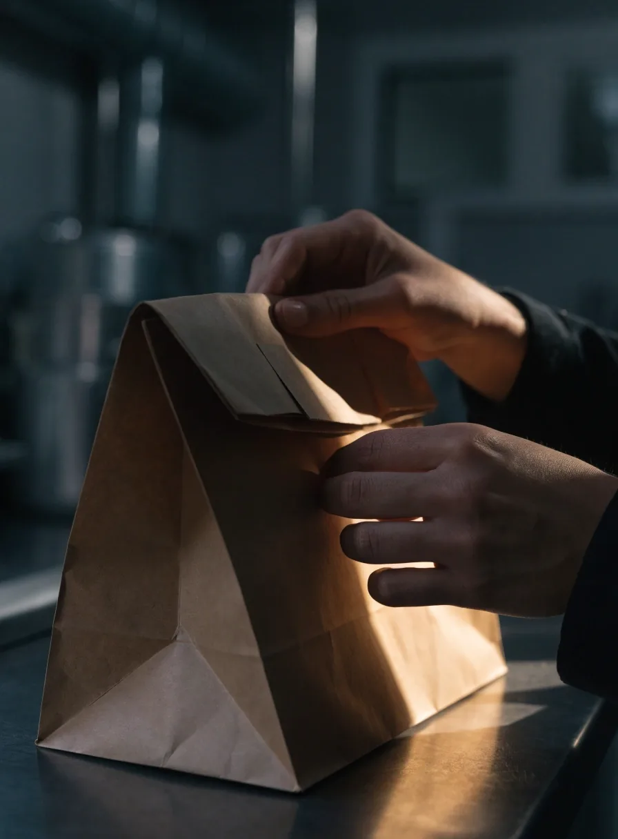 Hand folding a plain takeaway bag closed on a dark counter under warm side light