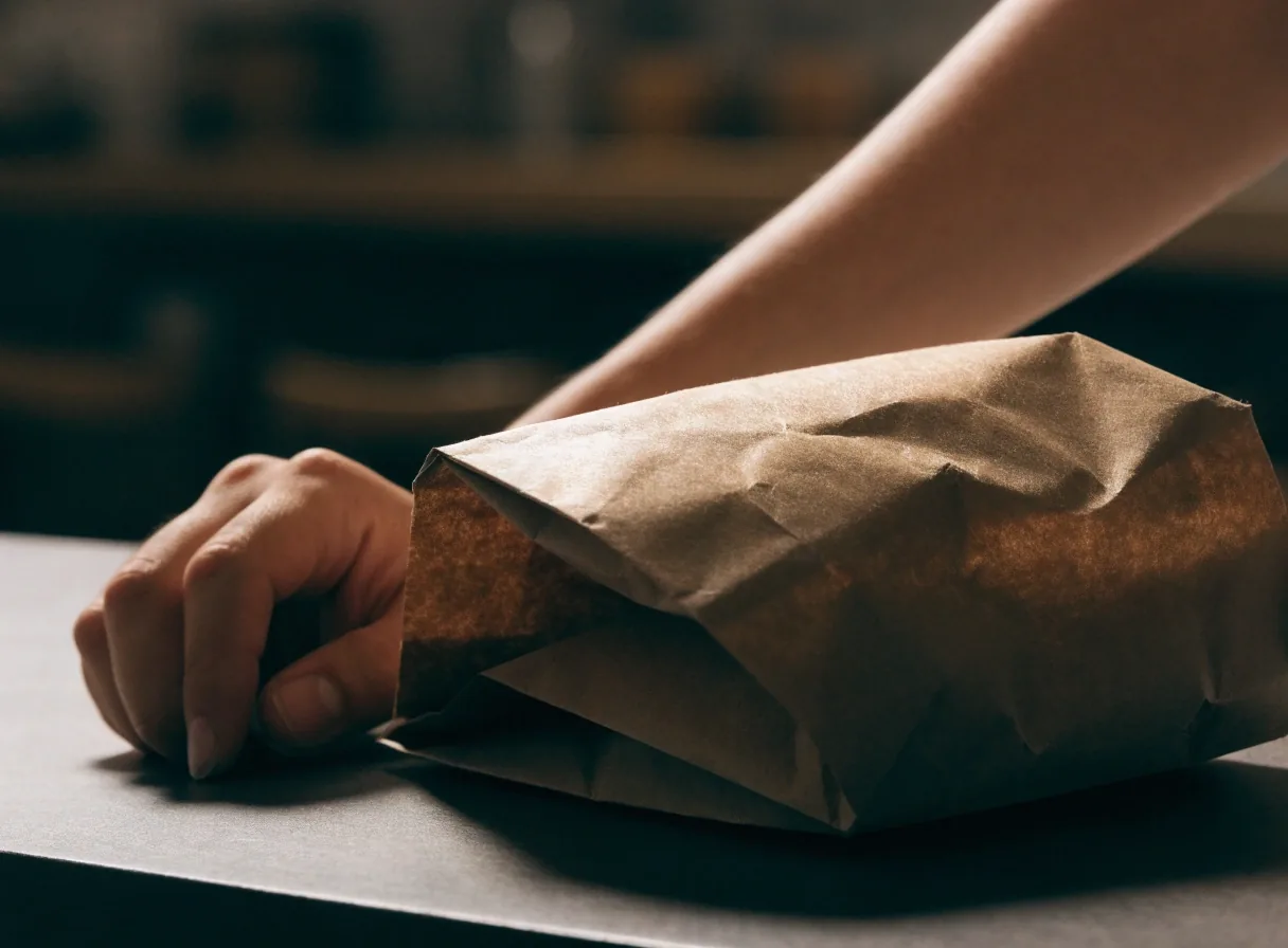 A hand resting beside a folded takeaway bag on a restaurant counter under warm side light