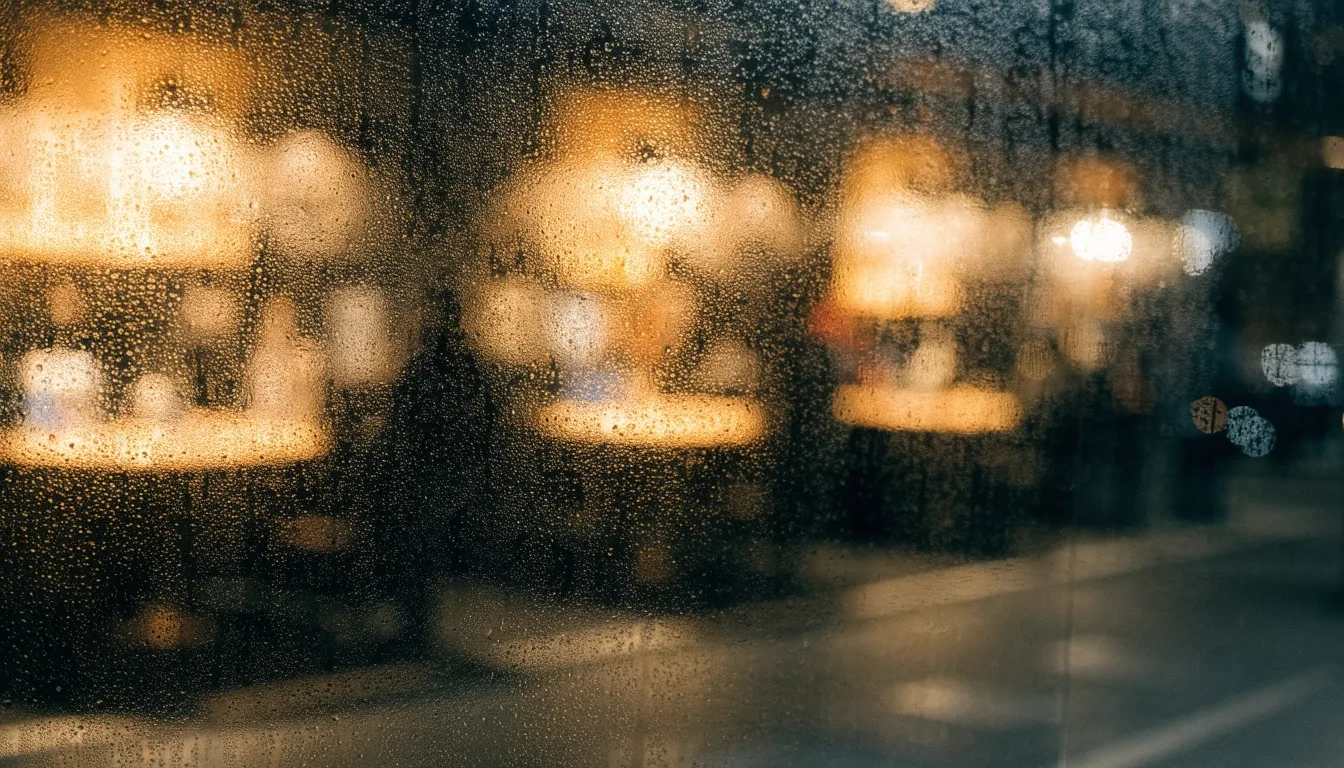 Blurred warm restaurant interior seen through a condensation-dotted window at night