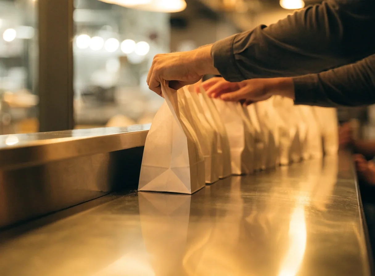 A row of folded takeaway bags lined along the pickup counter during the lunch rush