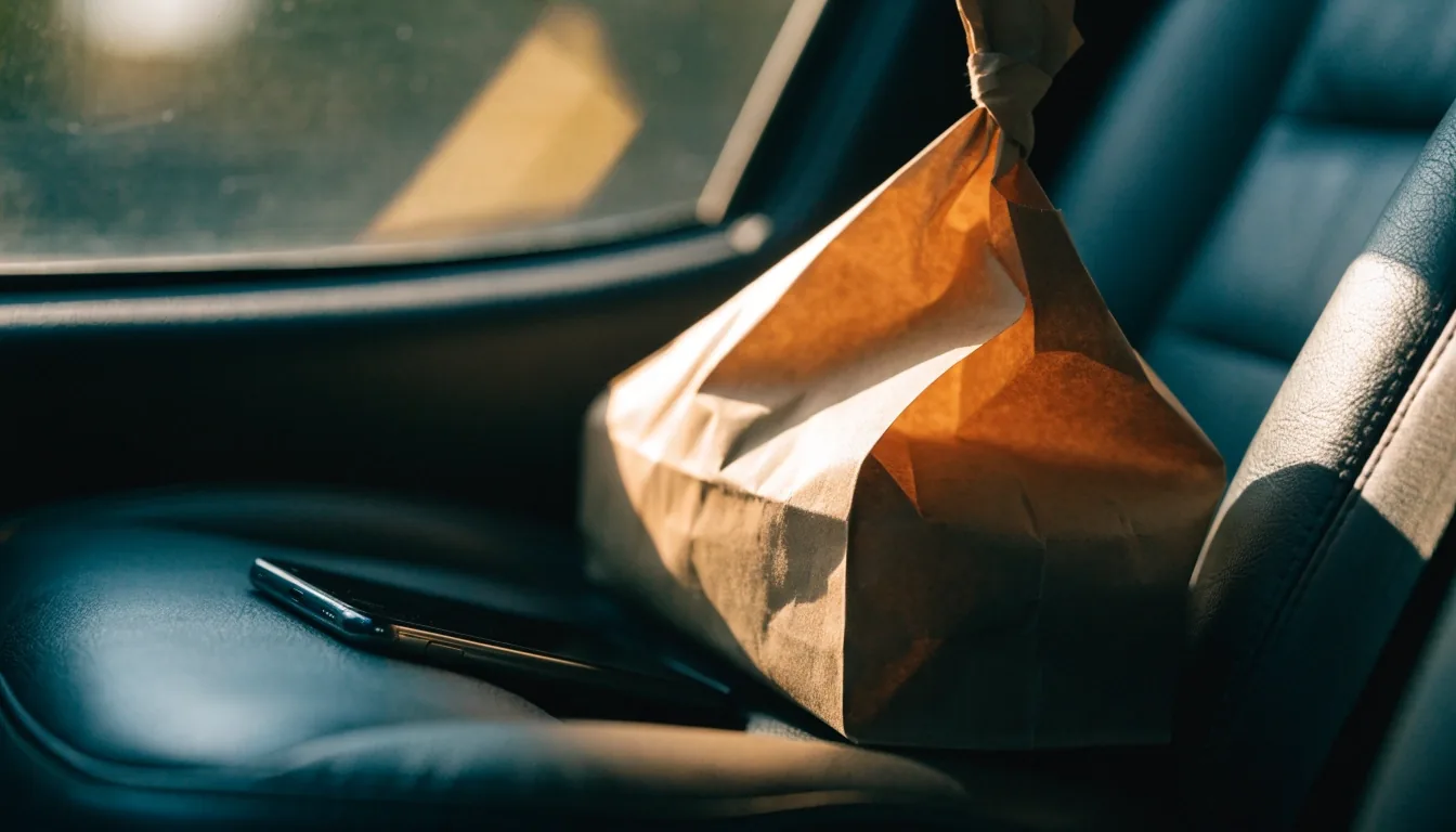 A sealed takeaway bag waiting on a dark car seat beside a phone during a Guzman y Gomez delivery run in Woolloomooloo