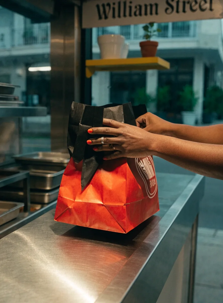 Hands adjusting a takeaway bag on the pickup counter at the William Street restaurant