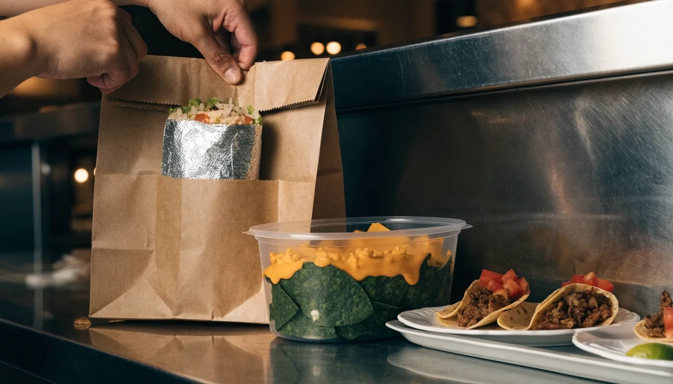 Mexican takeaway food arranged in bags and containers on a dark counter, showing how different dishes travel