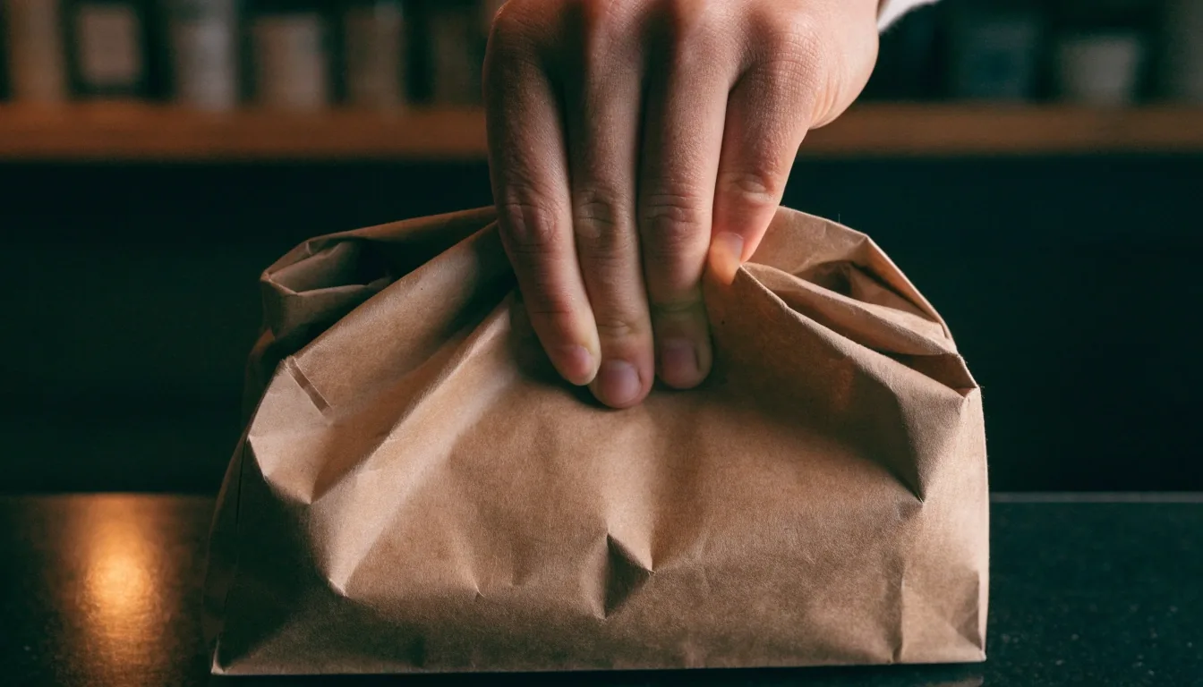 A folded takeaway bag on a dark counter with a hand resting on top of it