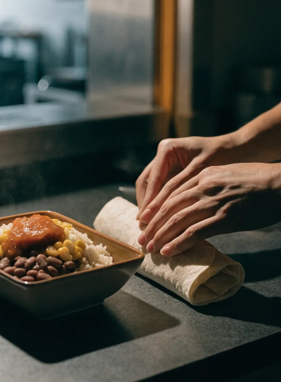 A wrapped burrito beside a rice bowl on a dark counter under a warm side light