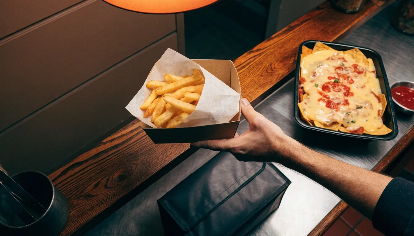 Loaded nachos and a paper cone of fries on a dark counter under warm light