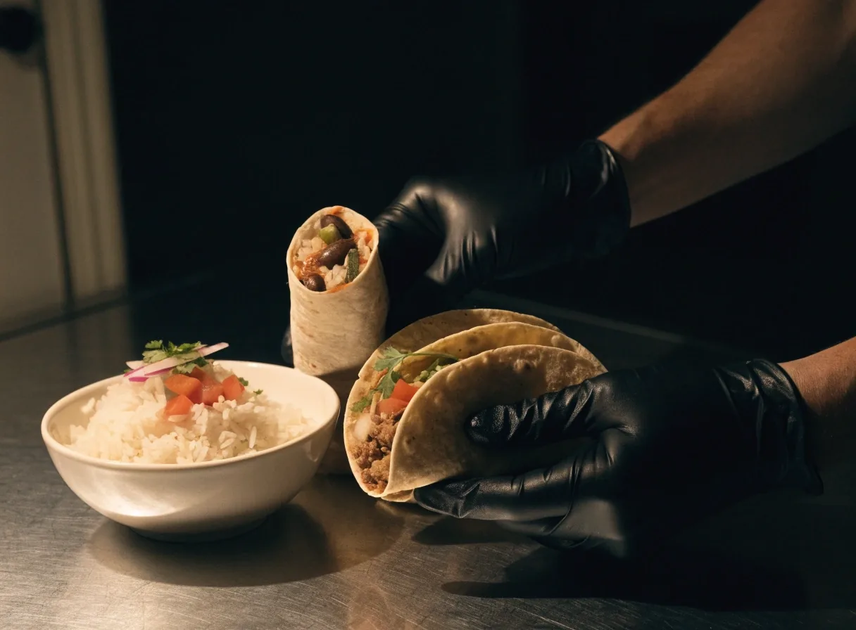 Several Mexican dishes laid along a dark kitchen counter under a single hard side light