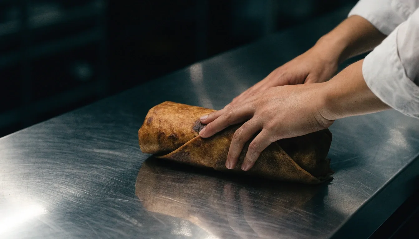 Two hands pressing a wrapped burrito closed on a dark kitchen pass at night