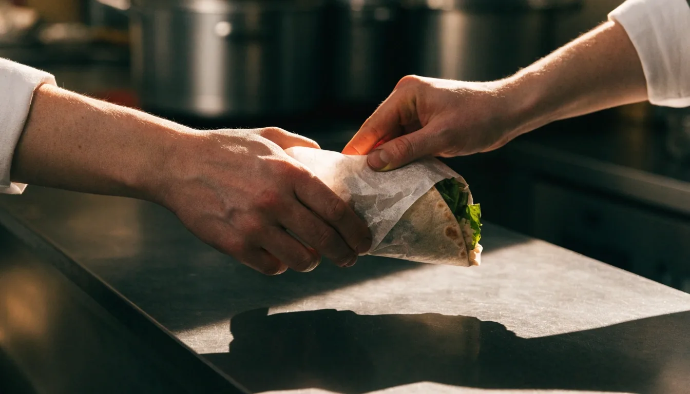A burrito being wrapped on the kitchen pass at the Woolloomooloo counter