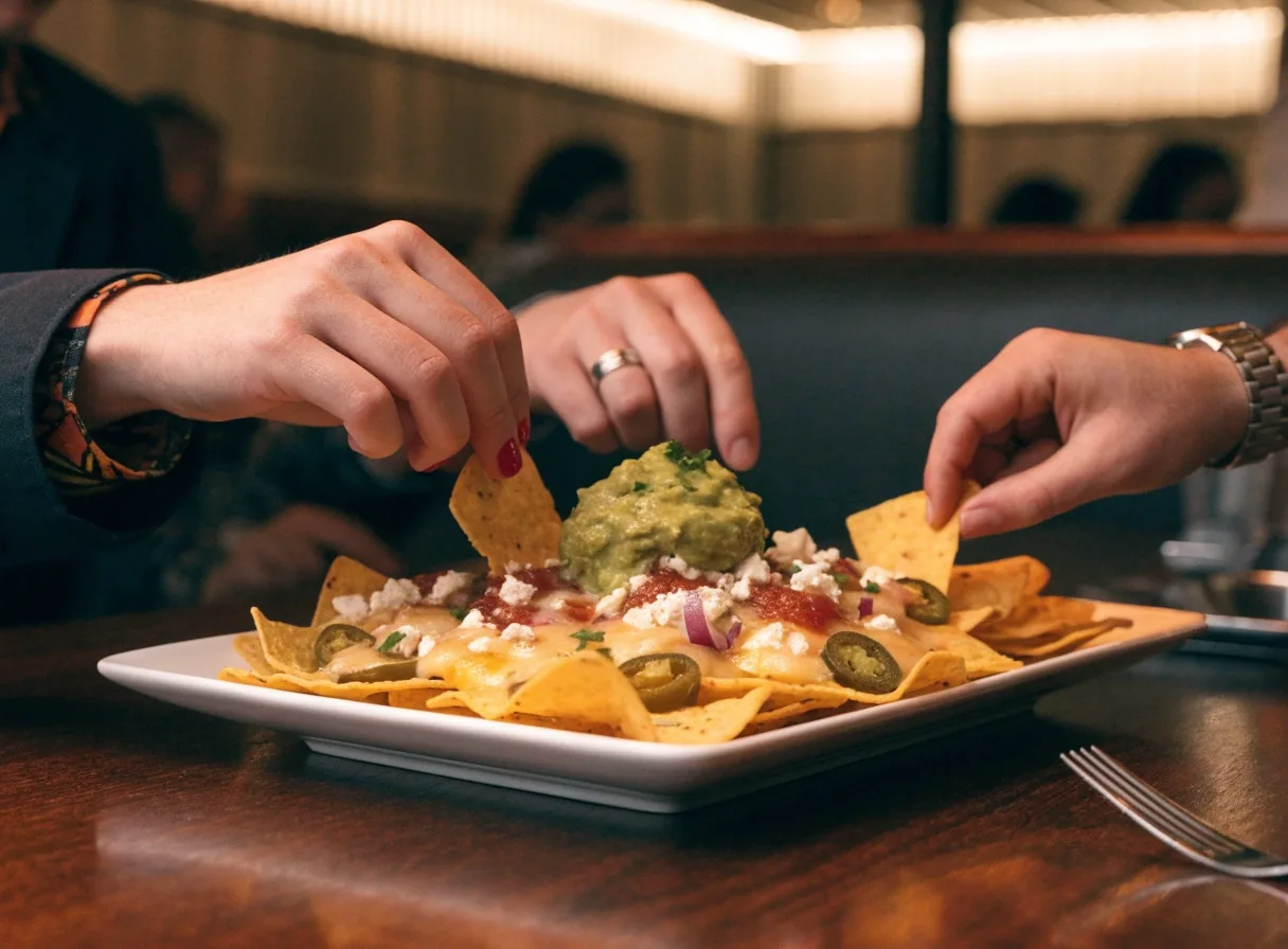 A plate of loaded nachos set down for sharing