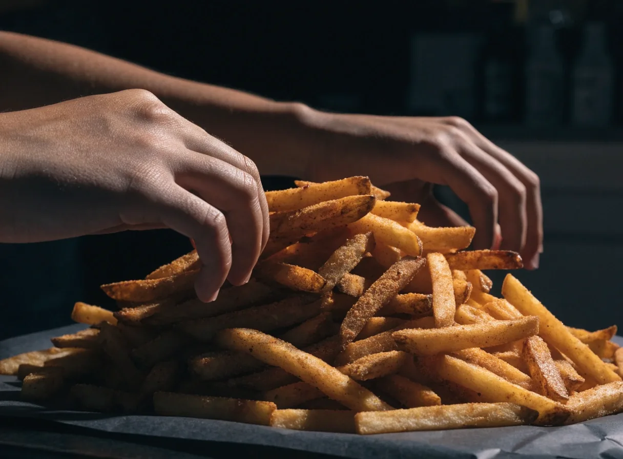A shared portion of seasoned fries on dark paper