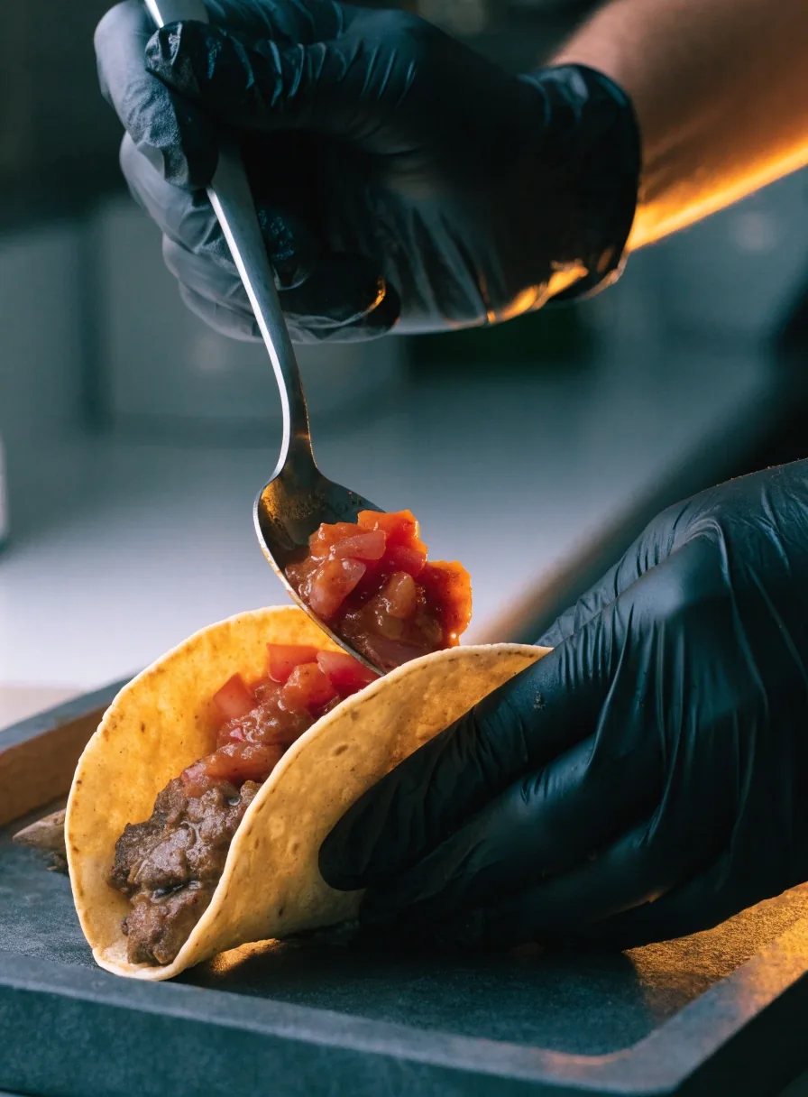 A taco being assembled to order on the kitchen counter
