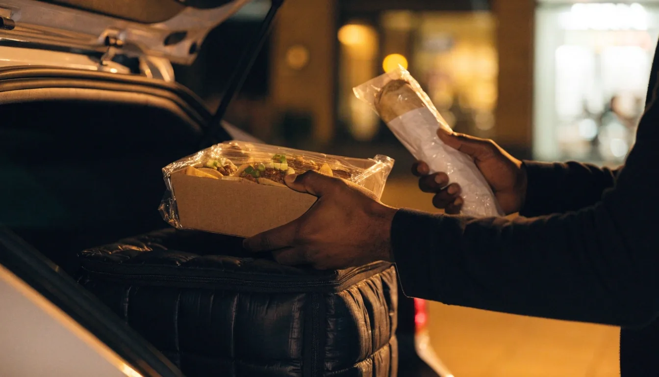A takeaway bag waiting on a car seat at night