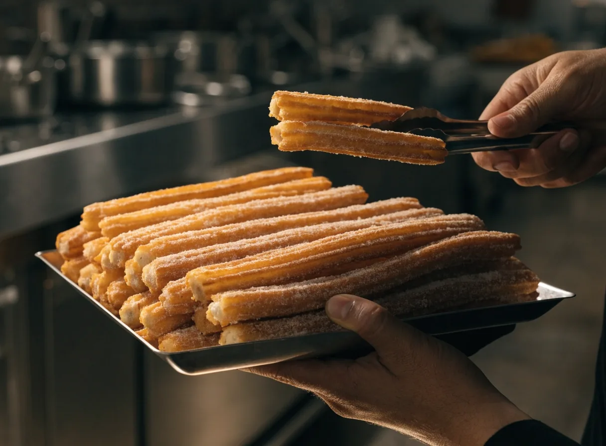 A stack of churros on a dark board