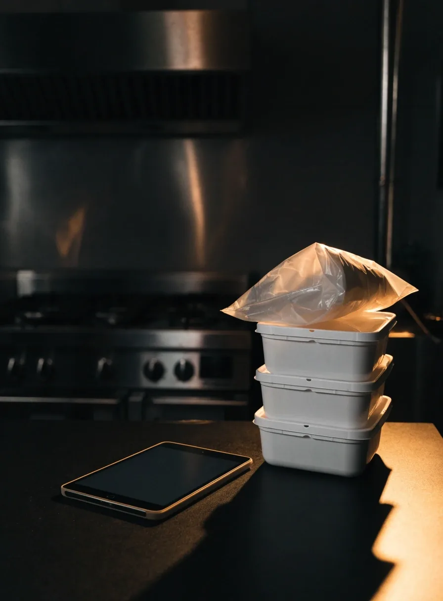 A dark kitchen counter at night with a face-down tablet and takeaway packaging under a warm side light