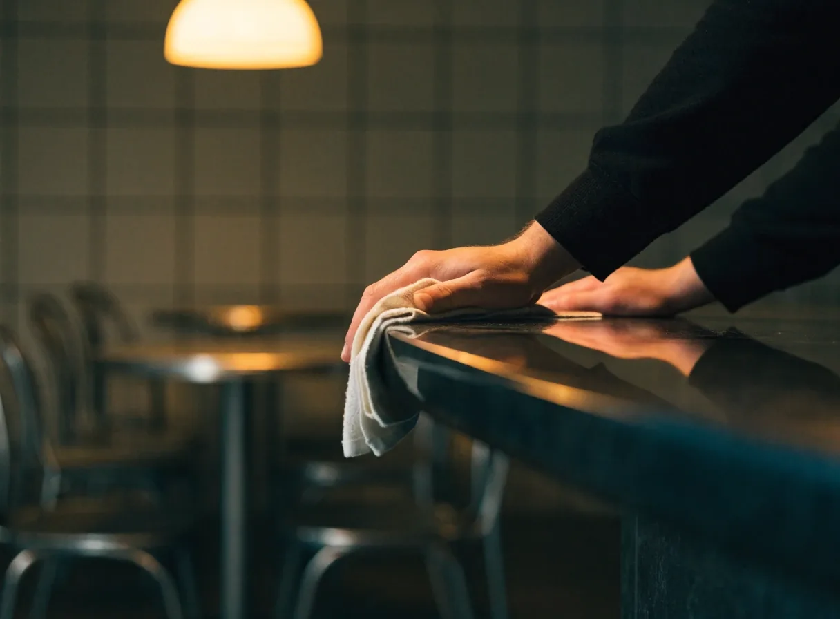A closed laptop and a mug on a dark restaurant counter under a warm pendant light after service