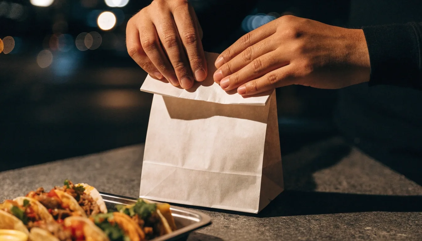 A folded takeaway bag resting on a dark counter under warm night light