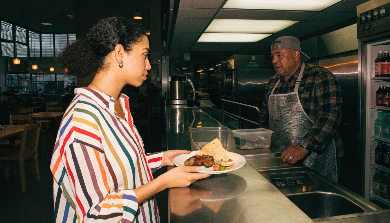 A customer ordering at the counter of the Woolloomooloo Mexican restaurant, with the kitchen pass visible behind