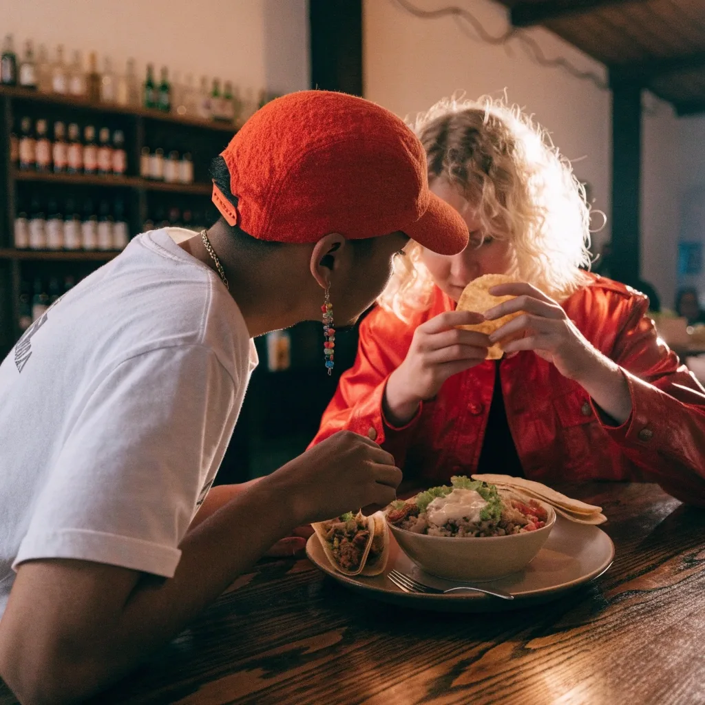 Two people eating tacos and a bowl at a table inside the restaurant